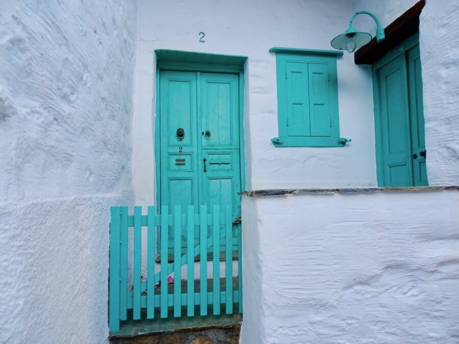 Turquoise doors, windows, of Ano Syros