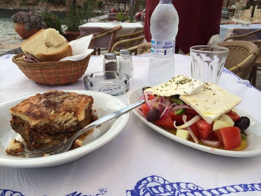 Greek food-moussaka and Greek salad