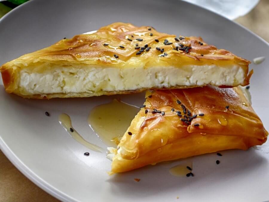 Feta wrapped in phyllo drizzled in honey