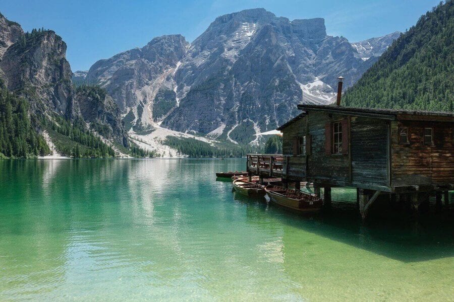 Lake hut in the mountains