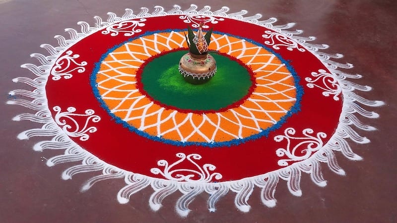 Rangoli-colored flour, chalk and and rice design