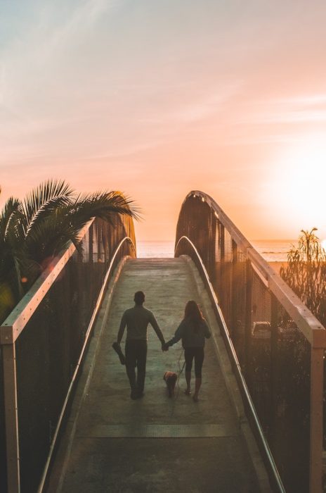 couple and dog walking over bridge