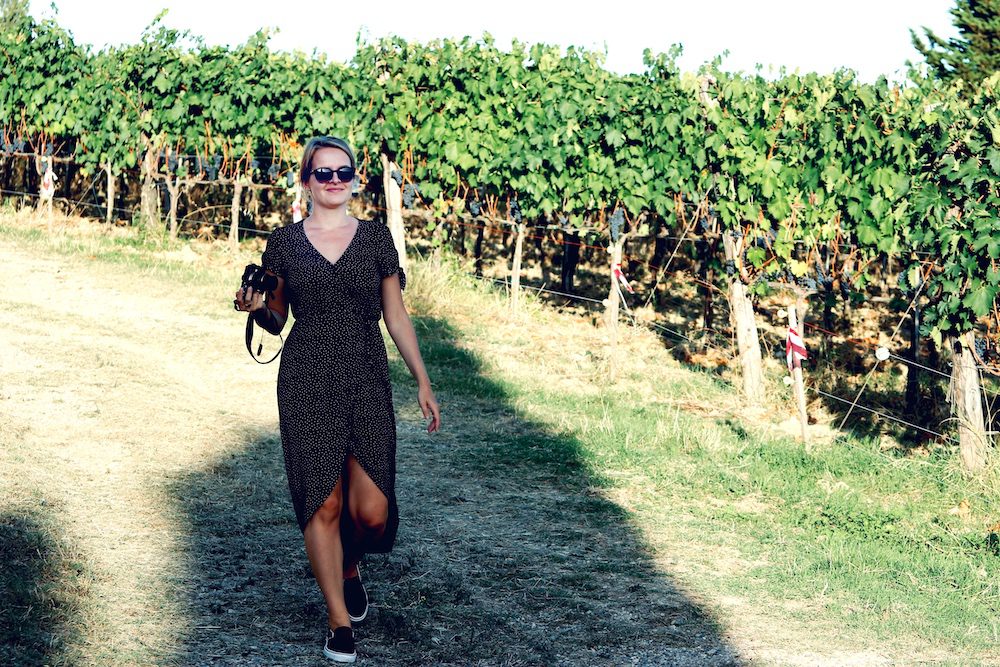 blonde girl in black dress holding a camera, walking in a vineyard