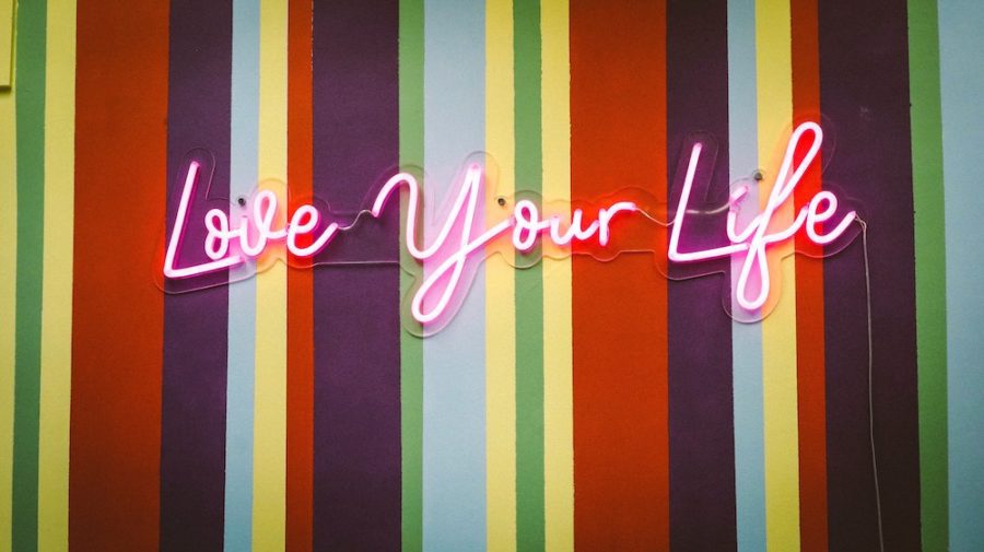 love your life neon sign on striped wall
