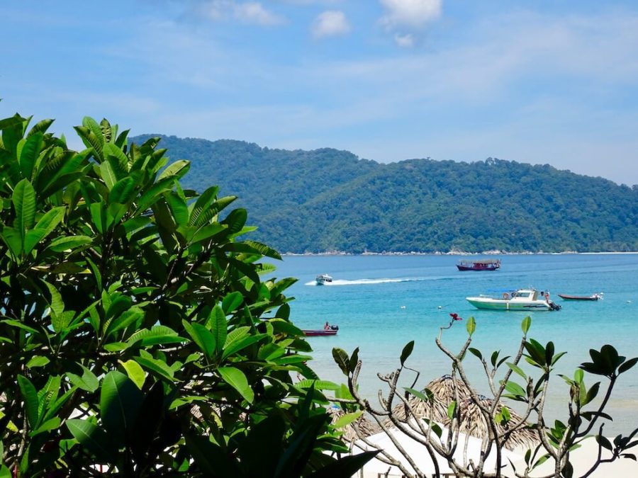 perhentian landscape blue water, gree tree, boat: short getaway in Malaysia