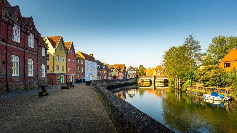 Colorful homes along the river, Norwich, England