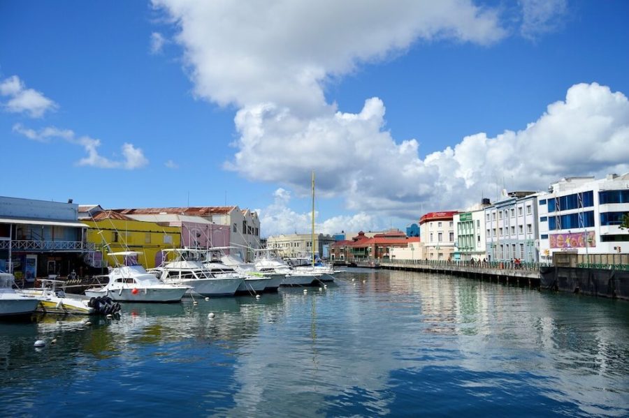 Colorful buildings with boats along the canal, barbados