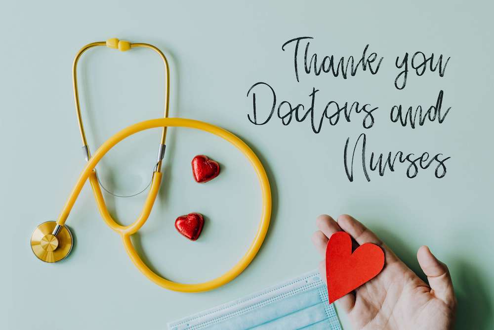 stethoscope with note thanking drs and nurses