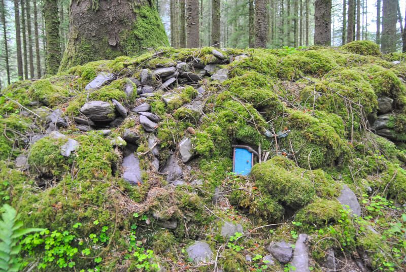blue fairy door in Irish forest: Abroad at christmas