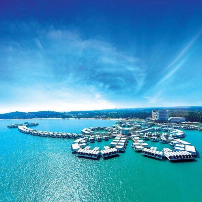 overwater bungalows shaped in a hibiscus