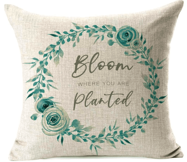 Bloom Where You are Planted Pillow cover. Linen pillow with blue writing. Good going away gift.