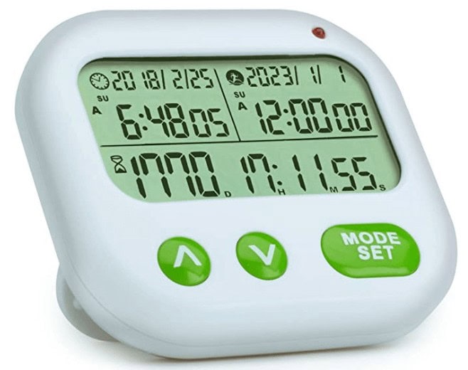 white timer with green buttons. will count down the day until you meet again.