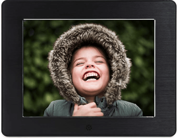 Digital photo frame with happy kid wearing a winter hood. Such a a good going away gift.