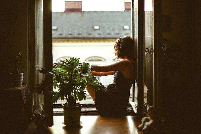 girl sitting in window with plant