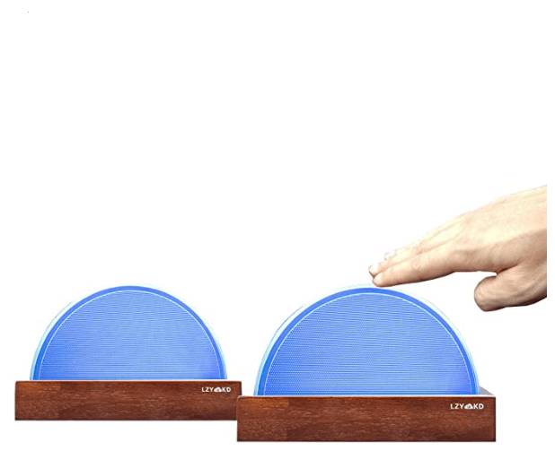Long distance touch lamps make a great going away gift. Picture shows a man's hand touching one out of two circle blue lights.