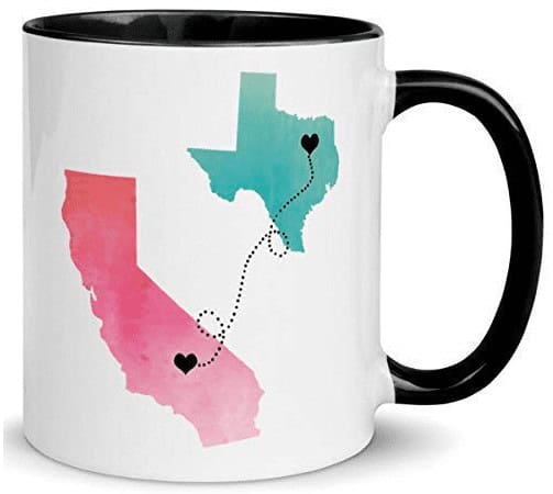farwell gift idea:  white and black coffee mug with california and texas on it.