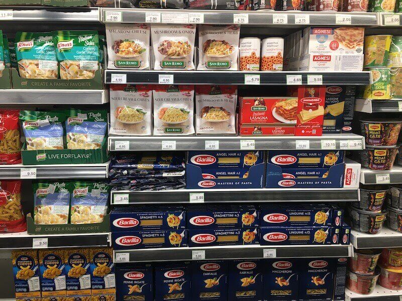 pasta aisle in the malaysian supermarket