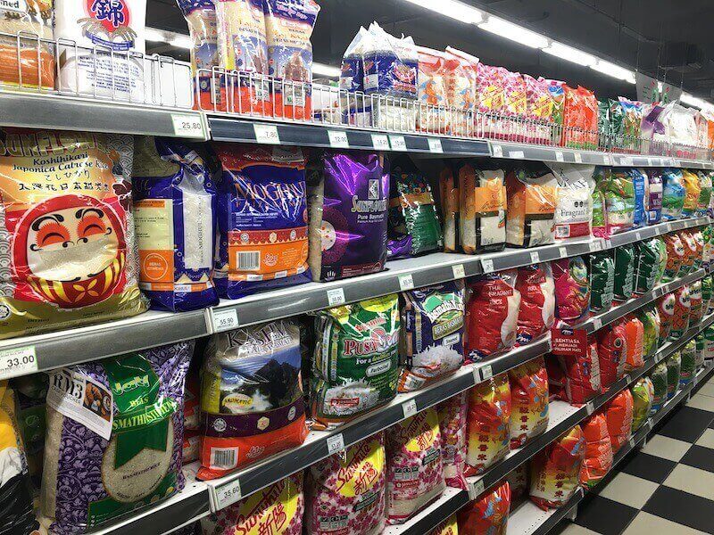 Bags and bags of rice in the Malaysian supermarket