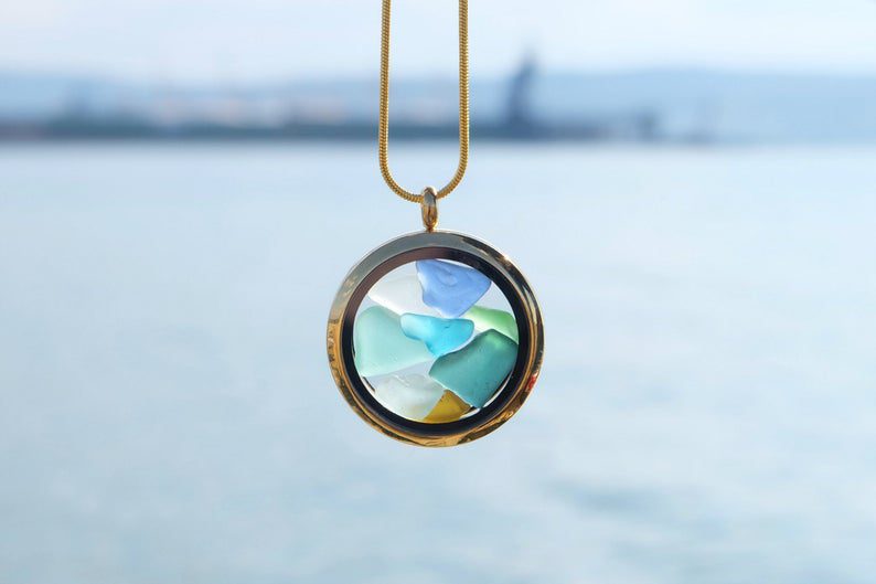 circle necklace with colorful sea glass inside: great gifts for beach lovers 