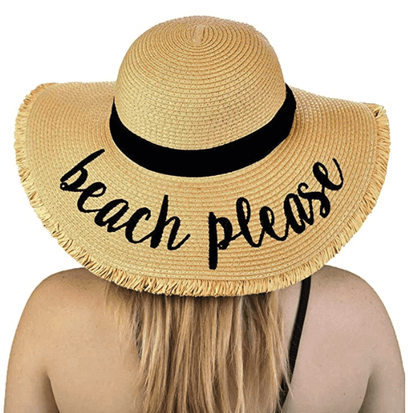 floppy hat with the phrase "beach please" on it.