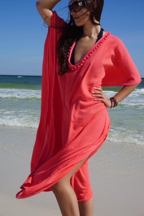 coral colored v-neck beach coverup dress