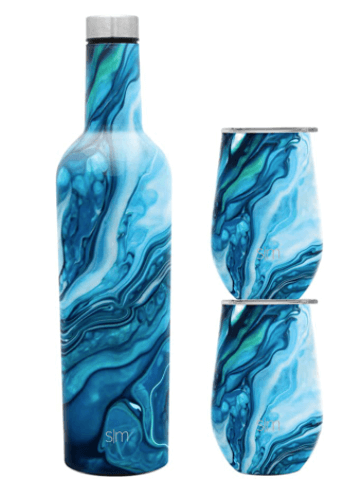 wine bottle and 2 cups painted in a blue swirly pattern. It looks like he ocean so its a perfect gift for beach lovers.