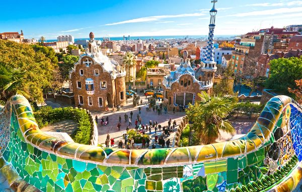 Parc Guell in Barcelona with the Dali cityscape