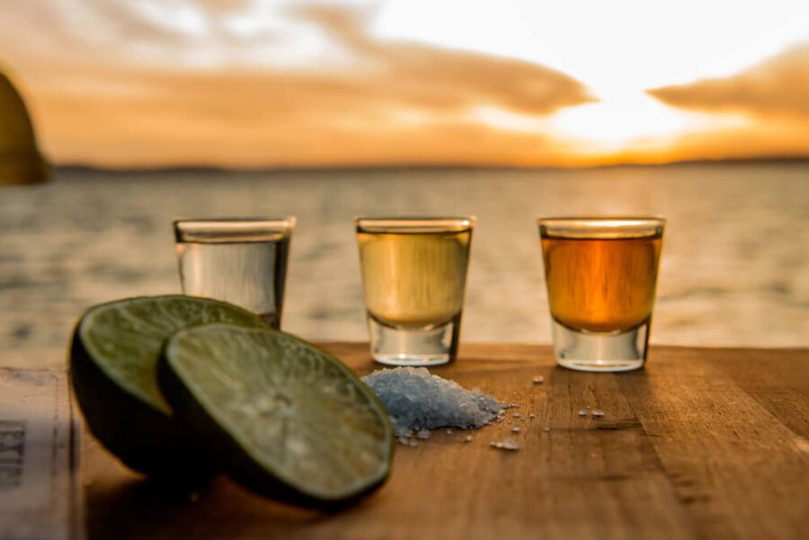 three glasses of tequila with lime and salt in front of the ocean on a tour in puerto vallarta