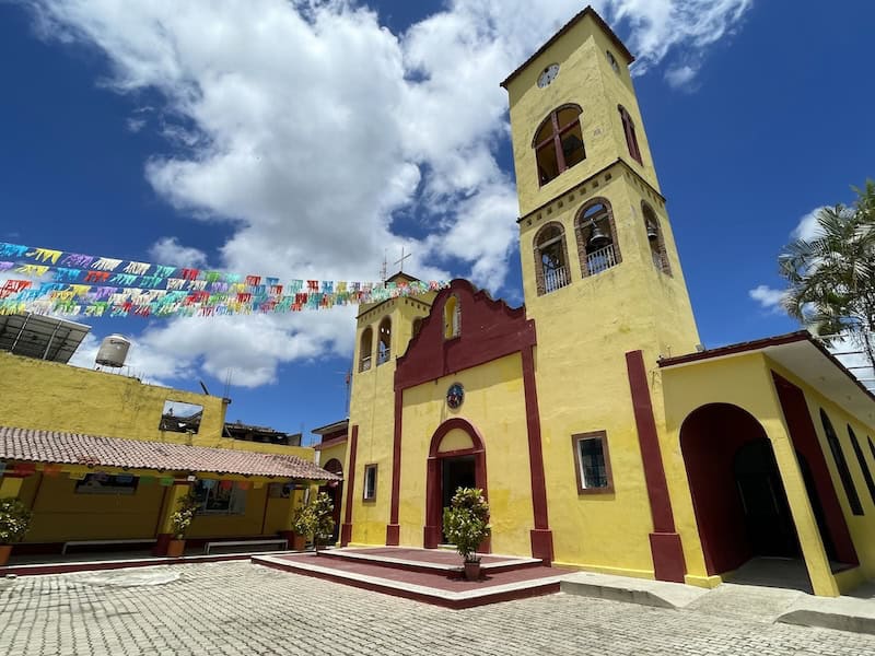 red and yellow church in Tuito Mexico