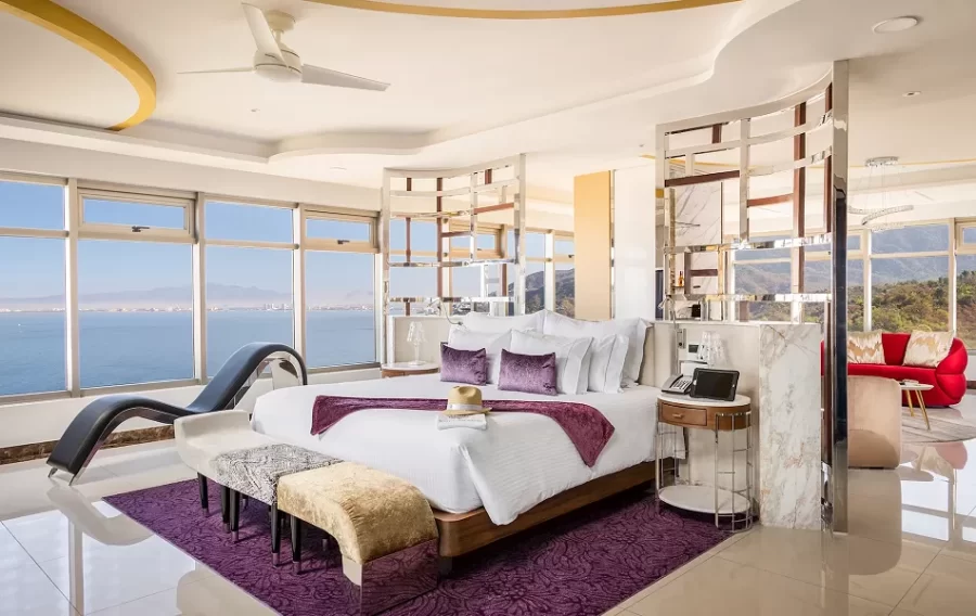 wrap around windows with ocean view in suite at Luxury hotel Mousai in Puerto Vallarta 