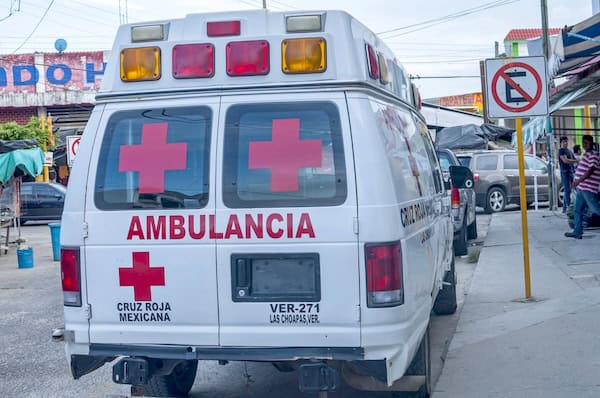  A Mexican Red Cross ambulance is parked on downtown street in Las Choapas, Veracruz.  