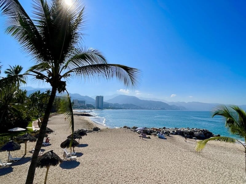 Puerto Vallarta beach, blue sky, mountain