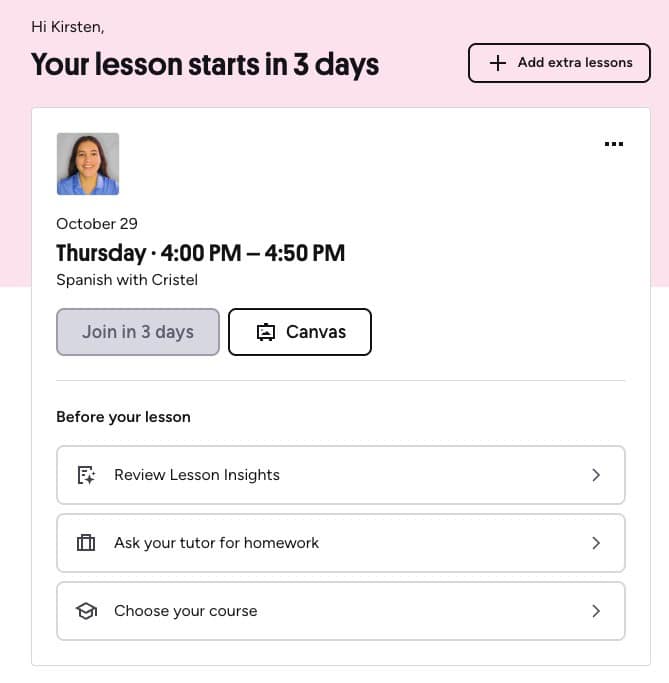 Preply online Spanish lesson dashboard
