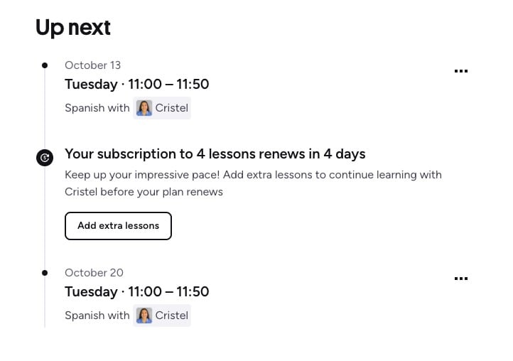 Preply dashboard for renewing lessons